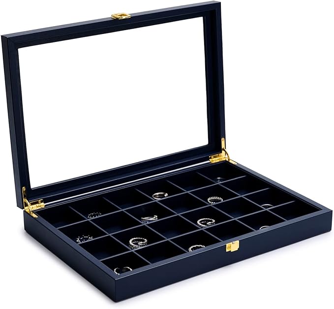 Oirlv Premium Blue Leather 24 Grid Jewelry Tray with Transparent Lid Earrings Rings Organizer Box Stackable Jewelry Box Drawer Inserts Women Gift
