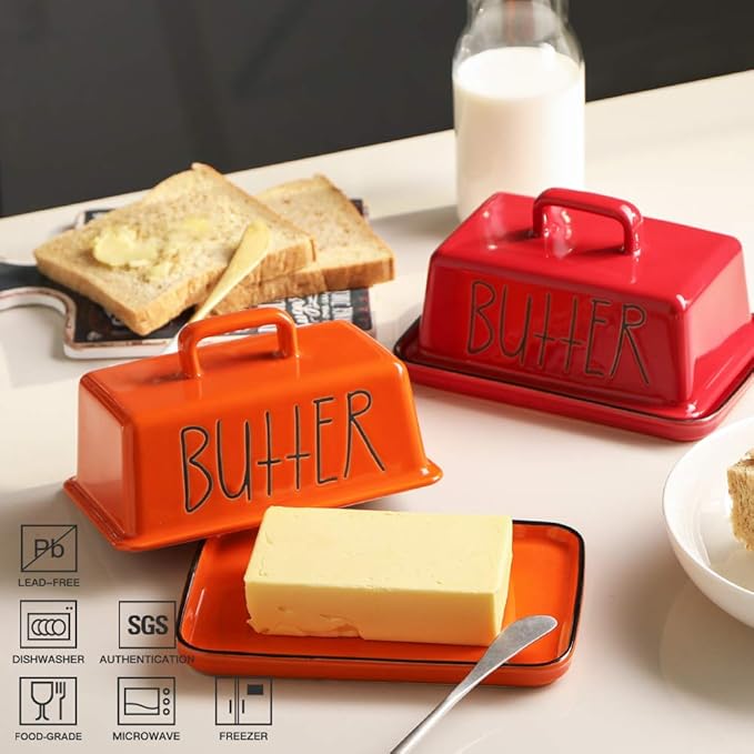 Sweejar Ceramic Butter Dish with Handle Lid, 7.3 Inch Porcelain Large Butter Keeper with Cover, Perfect for East/West Butter (Orange)
