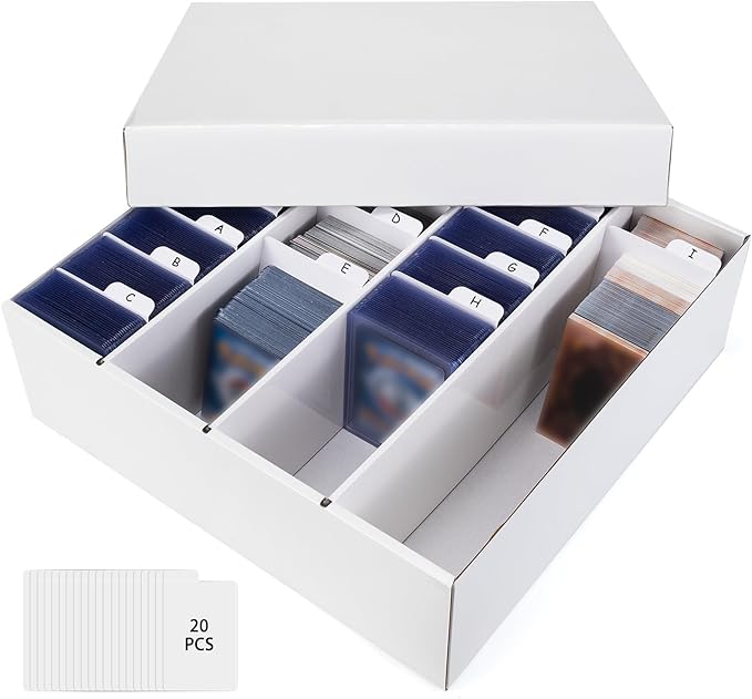 Trading Card Storage Box, 4 Row 3200 Count Collector Cards Box with Divider, White Corrugated Cardboard Compatible with Top Loader Organizer Sorting Tray Box for Sports Cards, MTG, TCG Cards (1-Pack)