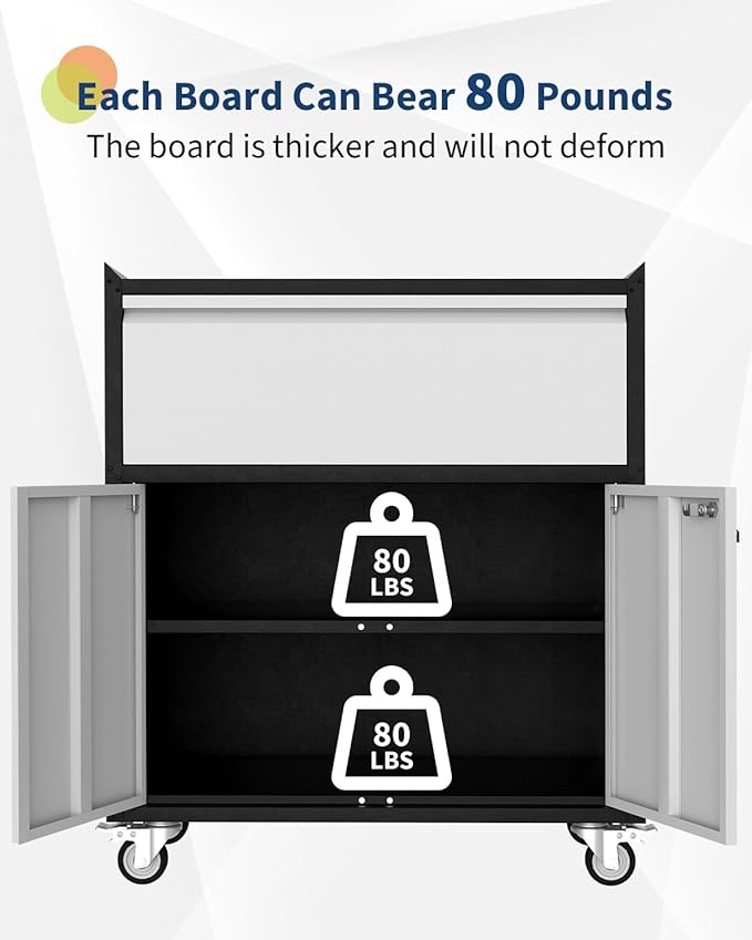 Heavy Duty Metal Garage Storage Cabinet with Lock – 35.4" Tall Rolling Tool Cabinet – Includes Drawer, Adjustable Shelf, 4 Wheels – Secure Utility Cabinet for Home, Office, Workshop – Light Grey &
