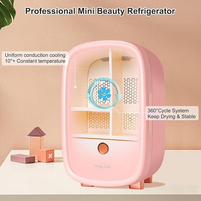 Skincare Fridge 12 Liter, Beauty Fridge for Comestic Storage, 10°C/50°F + Intelligent Constant Temperature Control Mini Compact Pink Cosmetics Refrigerator for Makeup Lipstick