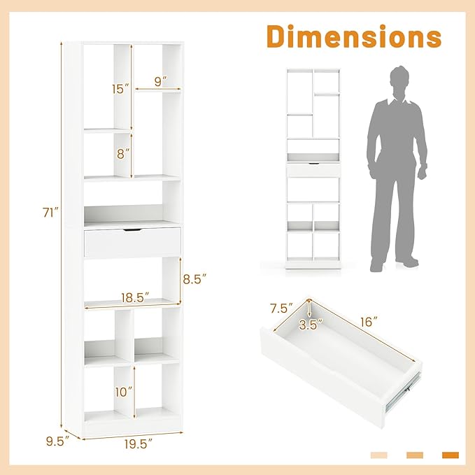 Tangkula 71” Tall Bookcase with Drawer, Modern Bookshelf with 10 Open Cubes, Floor Standing Display Rack Storage Cabinet with Anti-Tipping Kits for Living Room, Study, Office (1, White)