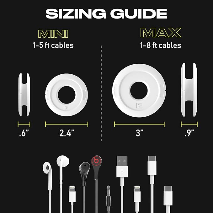 Side Winder Mini and Max Headphone, Earbud and Charging Cable Winder and Organizer Perfect for Wrapping Earbuds and Cords for Travel and Organization (Black, Max)