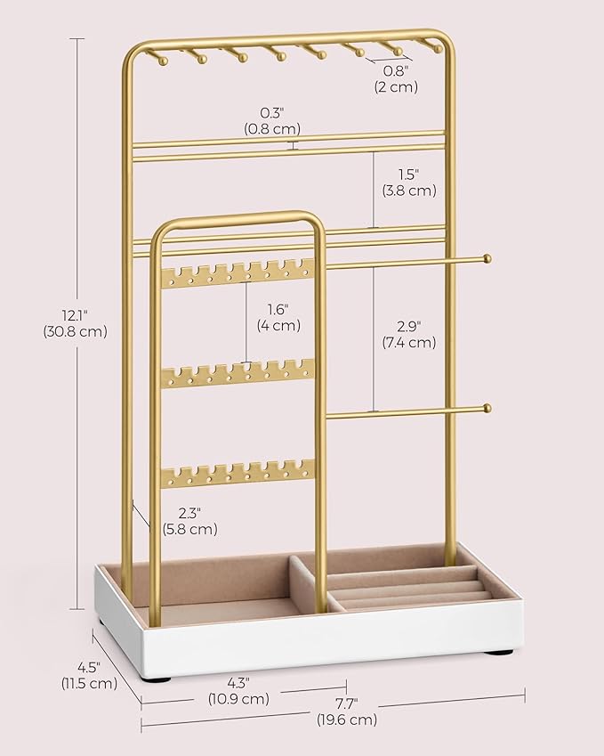 SONGMICS Jewelry Holder, Jewelry Organizer, Jewelry Display Stand with Metal Frame, Velvet Tray, Necklace Earring Bracelet Holder, for Studs, Rings, Christmas Gift, Pale Gold UJJS021A01
