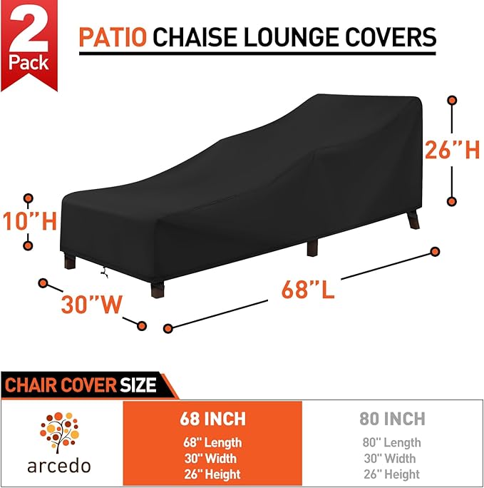 Arcedo Outdoor Chaise Lounge Chair Cover 2 Pack, Waterproof Patio Furniture Cover for Outside Pool Beach, All Weather Protection Outdoorlines, 68" x 30" x 26" H, Black