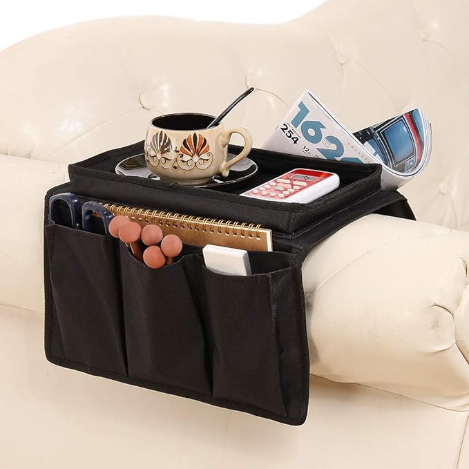 Sofa Armrest Organizer with Cup Holder Tray Chair Arm TV Remote Holder for Recliner Couch Armchair Caddy Bedside Storage Pockets Bag for Cellphone Tablet Book Magazines Drinks Pouch