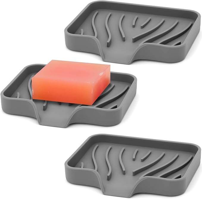 3-Pack Silicone Soap Dish Set – Bar Soap Holder with Self-Draining Design, Easy-Clean Tray for Shower, Bathroom, Kitchen, and Tub (Gray)