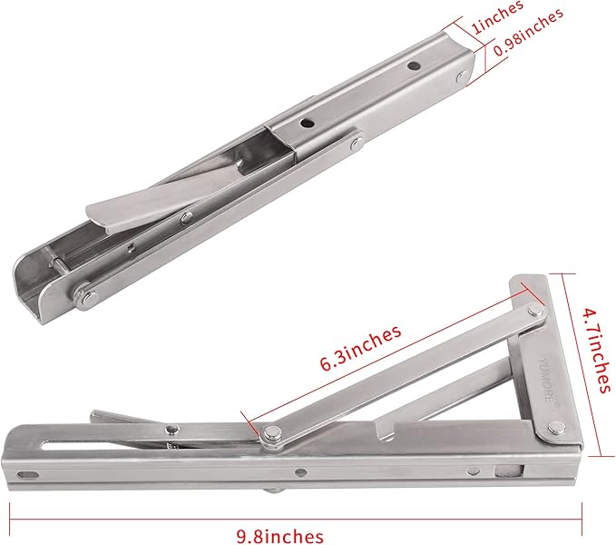 YUMORE Folding Shelf Brackets 10", Max Load: 330lb Heavy Duty Stainless Steel Collapsible Shelf Bracket for Table Work Bench, Space Saving DIY Bracket, Pack of 2