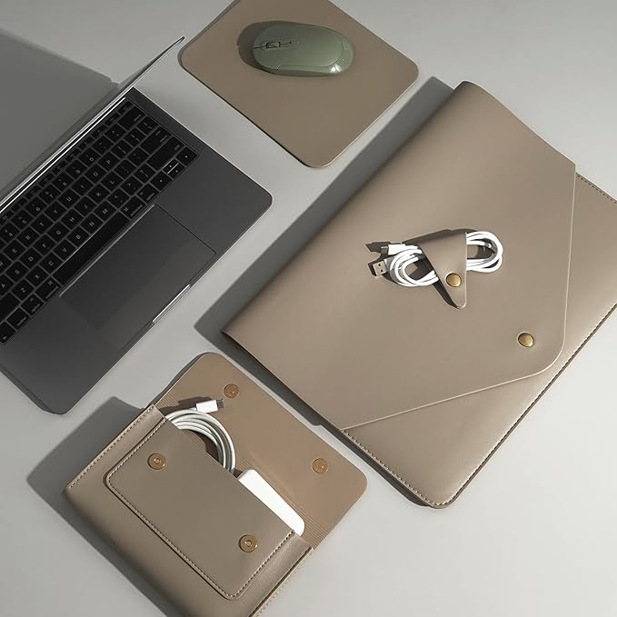 PU Leather Laptop Sleeve 16 Inch Compatible with New MacBook Pro 16 A2991 A2780, MacBook Pro 15, Surface Book 15, Dell XPS 15 with Small Pouch, Mouse Pad and Cord Organizer Color Khaki