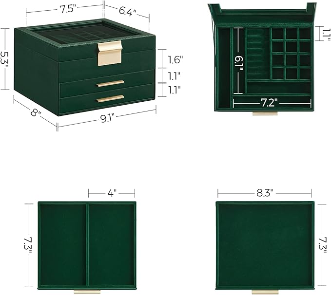 SONGMICS Jewelry Box Organizer with Glass Lid, 3-Layer Jewelry Storage, with 2 Drawers, Modern Style, Christmas Gift, 8 x 9.1 x 5.3 Inches, Forest Green and Gold Color UJBC239C01