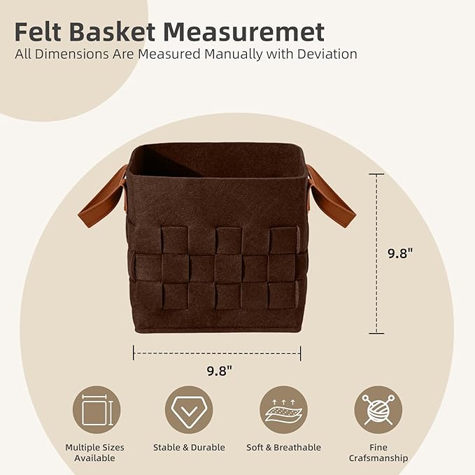 10 Inch Cube Storage Basket 3 Pack, Blanket Baskets with Leather Handle, Felt Fabric Storage Bin for Shelves,Square Baskets for Toys Nursery Living Room, Brown