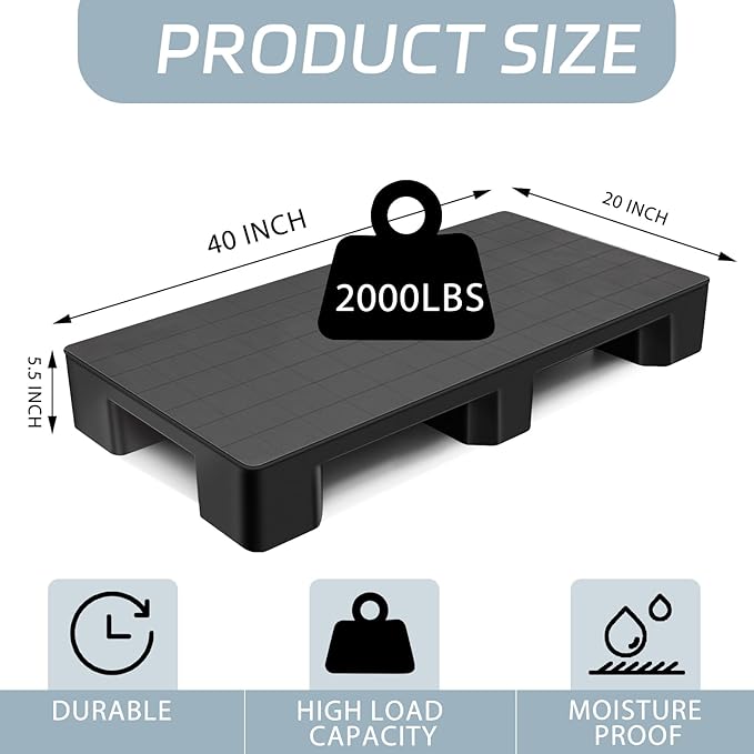 1 Pcs Plastic Pallet for Basement Storage Easy Stack Lightweight Floor Pallet Display Flooring Room Supermarket Christmas, Support up to 2000 Lbs (40'' L X 20'' W X 5.5'' H,Black)