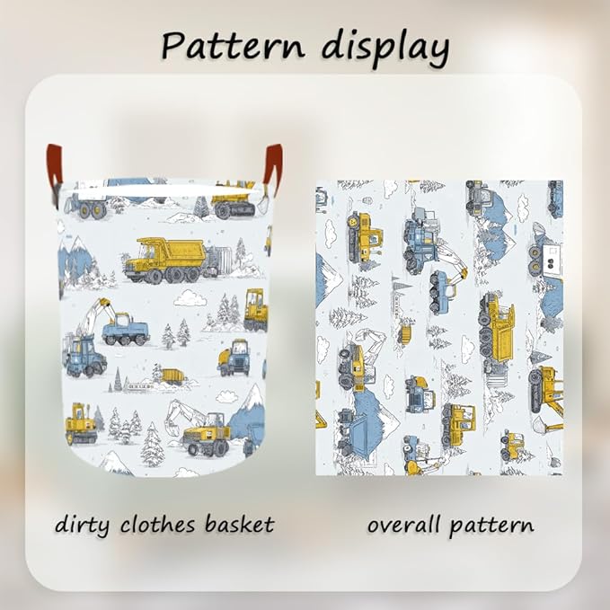 Laundry Baskets 15.7x19.7 Inch Construction Truck Mountain Scene Design Collapsible Laundry Hamper with Handles Oxford Fabric Clothes Storage Bin Foldable Dirty Clothes for Bedroom Bathroom Dorm