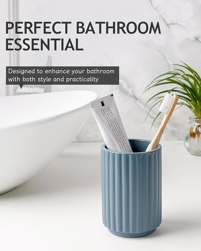 Toothbrush Holder, Tooth Brush Holder for Bathroom - Ceramic Toothbrush Cup Toothbrush Holders Countertop, Stripe Design Makeup Brush Holder Pen Holder, ANTIS'S HOME (Blue)