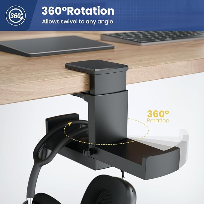 Dual Headphone Stand Holder - EURPMASK 2 in 1 PC Gaming Headset Hooks, 360 Degree Rotating Headphone Hanger with Adjustable Clamp & Cable Clip Organizer, Headset Mount Under Desk Earphone Clamp-Black