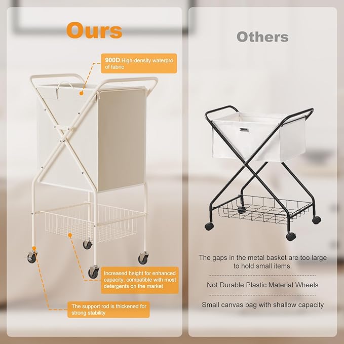 Laundry Basket with Wheels:88L Rolling Laundry Cart Foldable Metal Frame Dirty Clothes Laundry Hamper 36"H 4 Caster 2 Brake Waterproof Removable Liner Carry Handle for Dorm Laundry Room,Cream