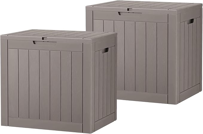 32 * 2 Gallon Outdoor storage deck Box Waterproof ，garden tool,backyard cushion,poolside toy storage,Smalldelivery boxes for outside,Two Boxes/set (Wood-like Striped Gray