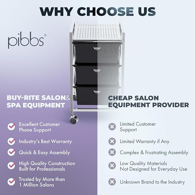 Pibbs D23 Metal Salon Roller Cart, 3 XL Removable Drawers, Heavy-Duty Utility Pedicure Cart on Wheels, European Style Design, Hot Tool Safe Work Surface