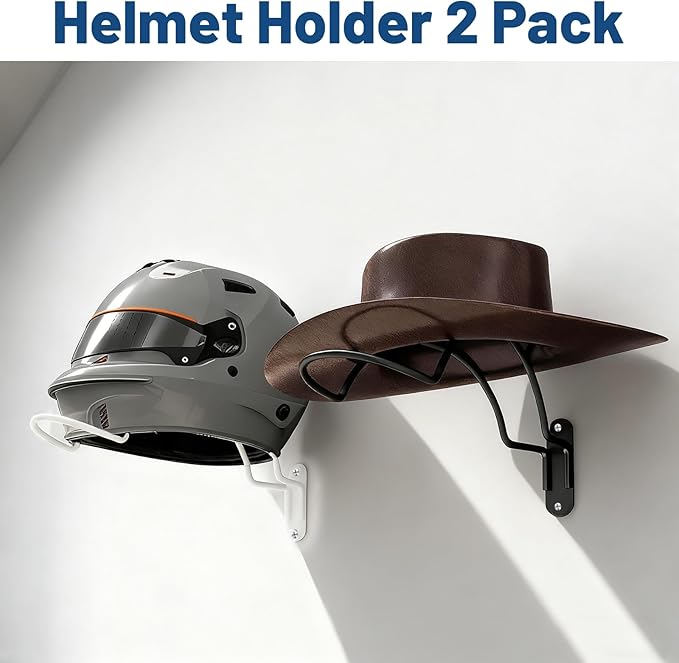 2 Pcs Helmet Rack Hanger Wall Mount Display, Helmet Holder Hooks Wall Mount for Equestrian Motorcycle Hat - White & Black