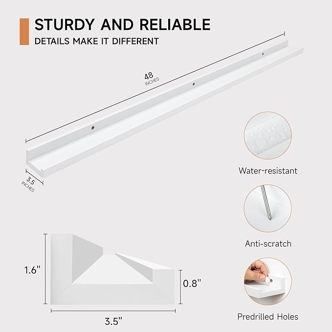 Fun Memories Picture Ledge Shelf for Wall, Floating Shelves Set of 4, 48 Inch Long Nursery Book Shelves for Toys Storage, Kids Bookshelf Wall Mounted for Books Photo Frames, White