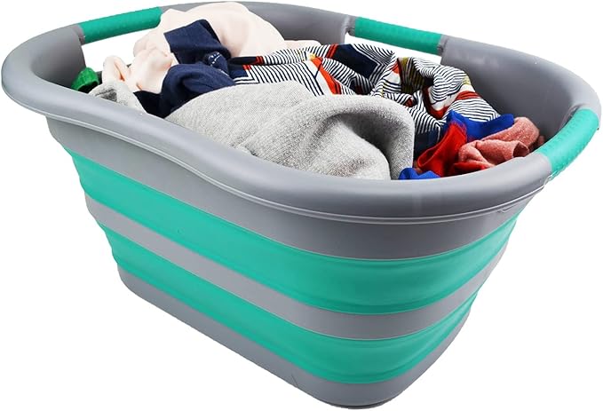SAMMART 30L (7.9 gallon) Collapsible Plastic Laundry Basket - Foldable Pop Up Storage Container/Organizer - Portable Washing Tub - Space Saving Hamper/Basket (1, Dark Grey/Bluish-Green)