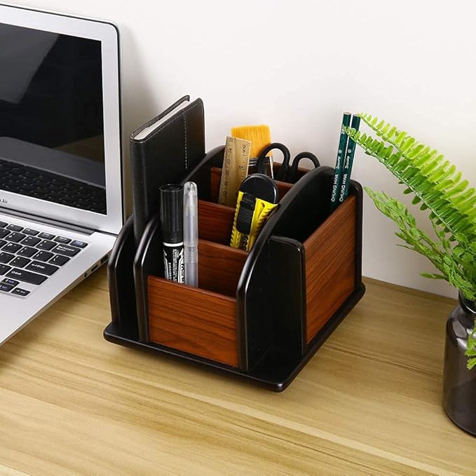 Wooden Desk Organizer, Desktop Office Supplies Storage Remote Control Caddy Holder (6-Compartment)