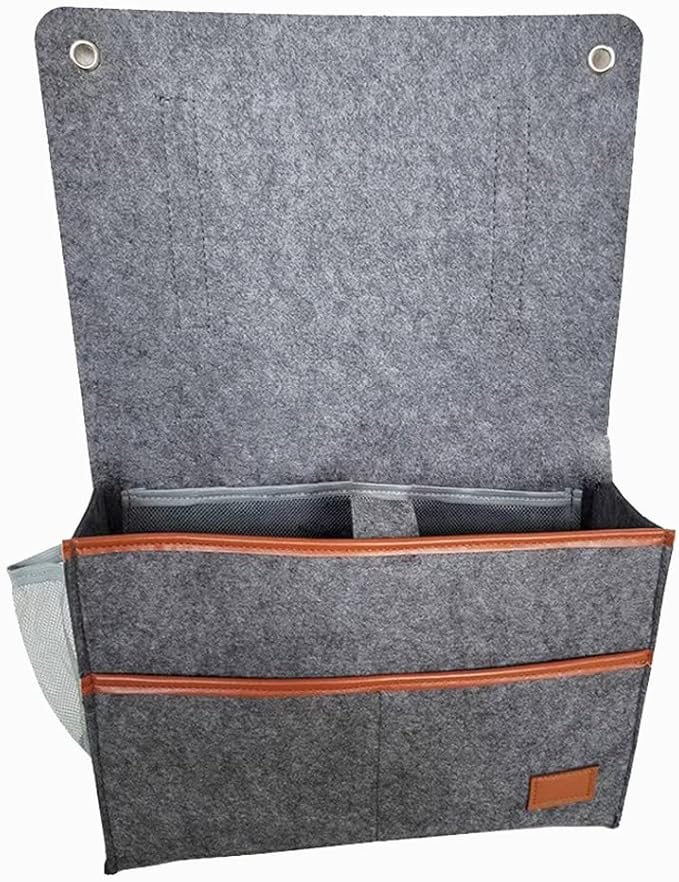 Bedside Caddy,Felt Bedside Storage Organizer, Hanging Storage for Dorm Bed Sofa for tablet Magazine Phone Remotes Water Bottle Holder (Grey)