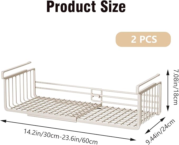 JIABEIUS 2 Pack Under Shelf Storage Basket, Extendable Under Cabinet Organizer, Pantry Organizers and Storage Hanging Rack for Kitchen Laundry Room Desk Counter Bookshelf
