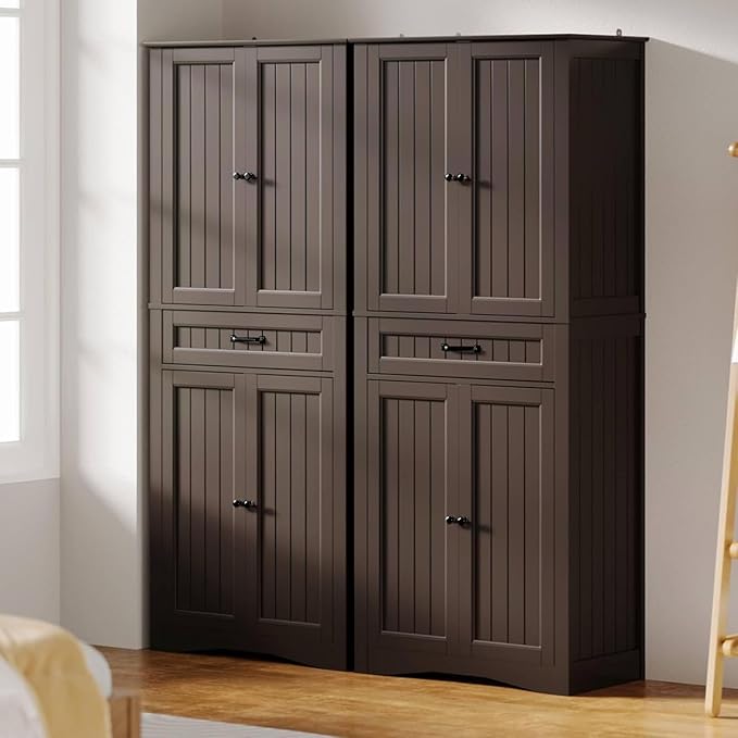 Gizoon 71'' Kitchen Pantry Storage Cabinet, Freestanding Pantry Organizers and Storage Cabinet with 4 Doors and 4 Adjustable Shelves, Tall Cabinet with Large Drawer for Kitchen, Living Room, Bathroom
