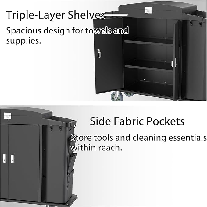 Heavy Duty Metal Housekeeping Janitorial Cart,Silent Casters,Locking Large Capacity Cabinets,Cleaning cart for Housekeeping/Commercial Facility/Hotel/Stadium/School(Black)