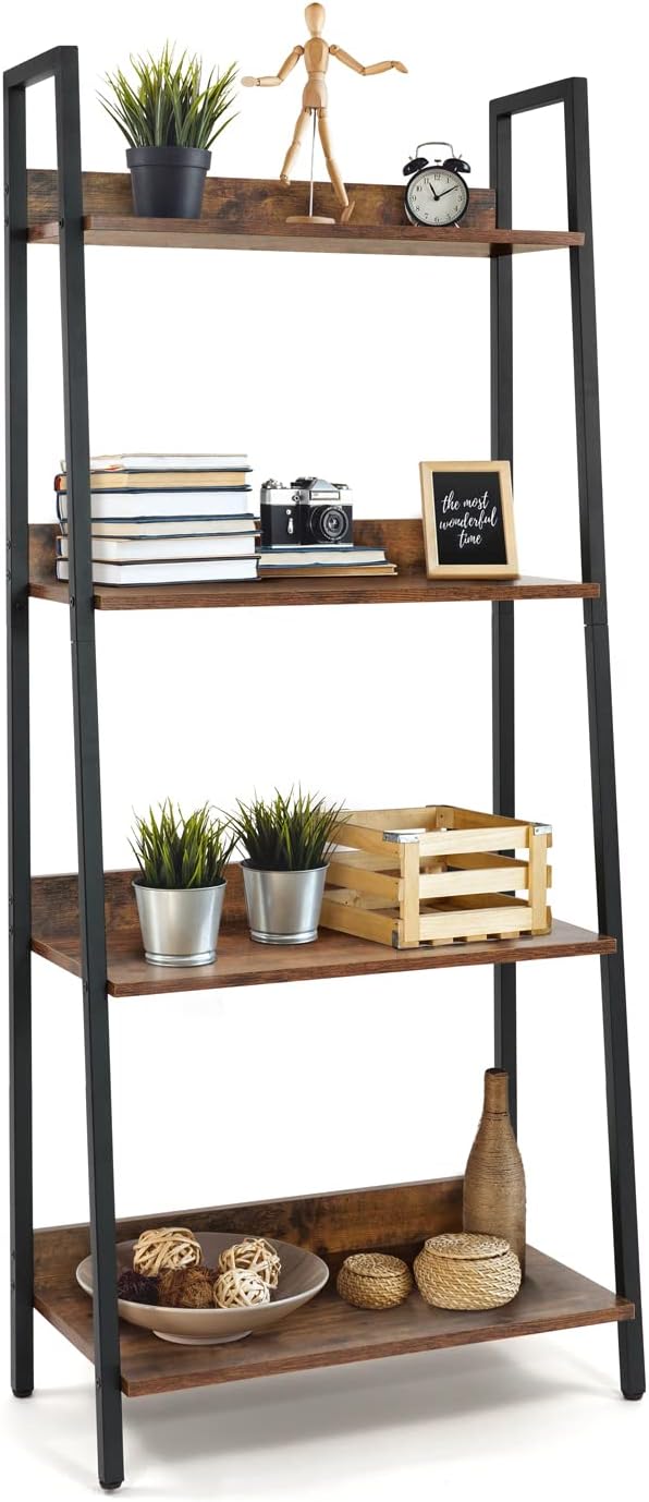 CAPHAUS 4 Tier Ladder Bookshelf, 24 Inch Width Free Standing Shelf, Bookcase Shelf Storage Rack Organizer, Industrial Book Shelves for Home Office, Living Room, Kitchen, Rustic Oak, Vintage Shelves