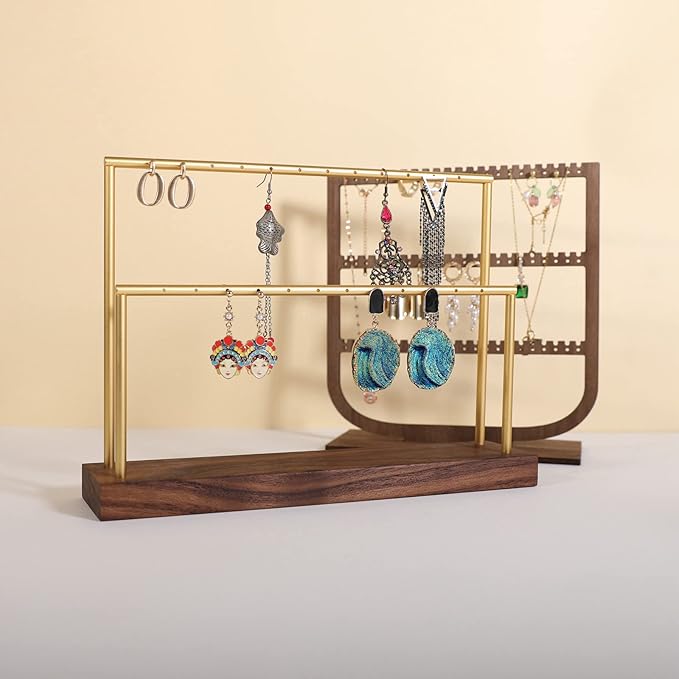 GemeShou wooden earring holder organizer for girls, walnut stud earring display stand for boutique store, jewelry storage organizer shelf【Walnut stand-Two Tiers】