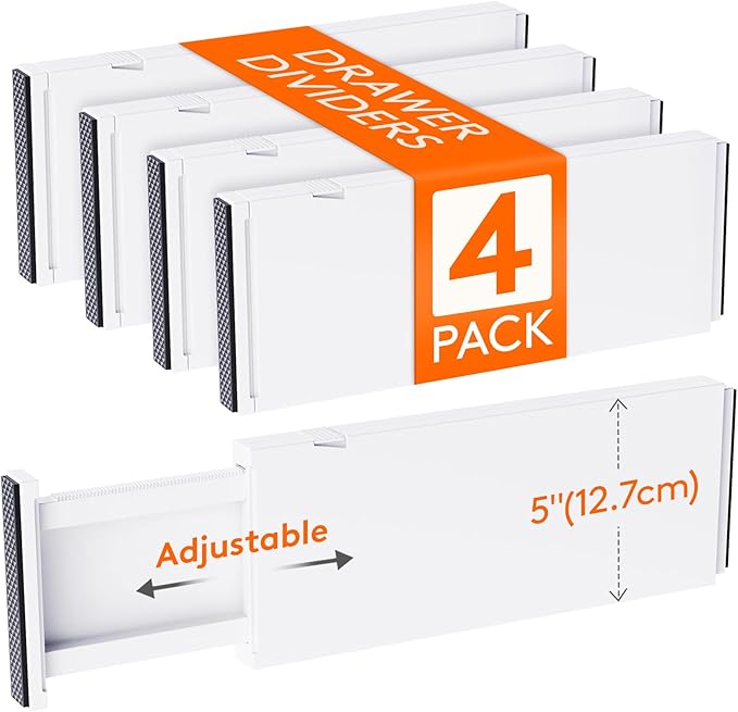 Lifewit 4 Pack Drawer Dividers Plastic 5" High, 13.5-22" Adjustable Drawer Organizers for Clothes, Expandable Dresser Separators in Bedroom/Bathroom/Kitchen/Fridge/Office Organization and Storage