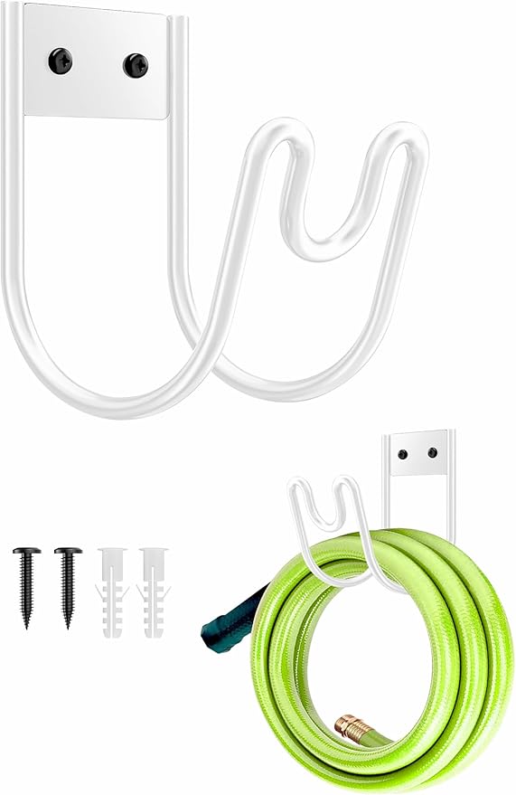 Metal Garden Hose Holder, Sturdy Wall Mounted Water Hose Hanger, Solid Hose Hook for Garden Garage Water Hose/Extension Cords/Vacuum Lines (White)