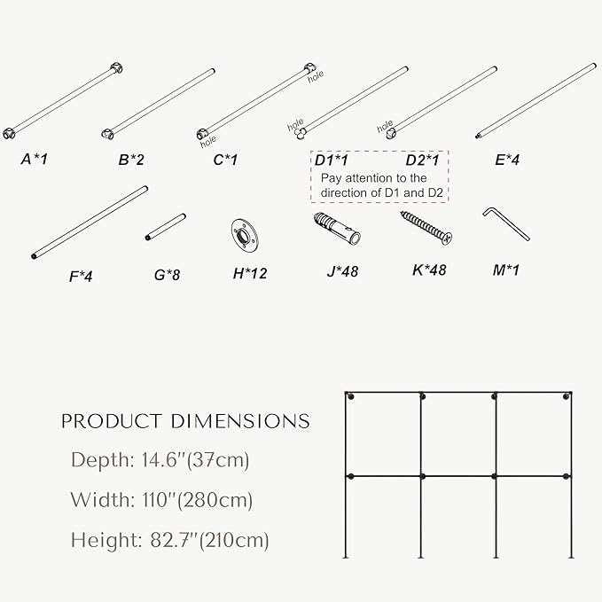 Industrial Pipe Clothing Rack, Heavy Duty Wall Mounted Clothes Rack,Retail Display Hanging Garment Rod for Laundry Rooms, Closet Storage, 14.6x110x82.7 Inches, Model K04