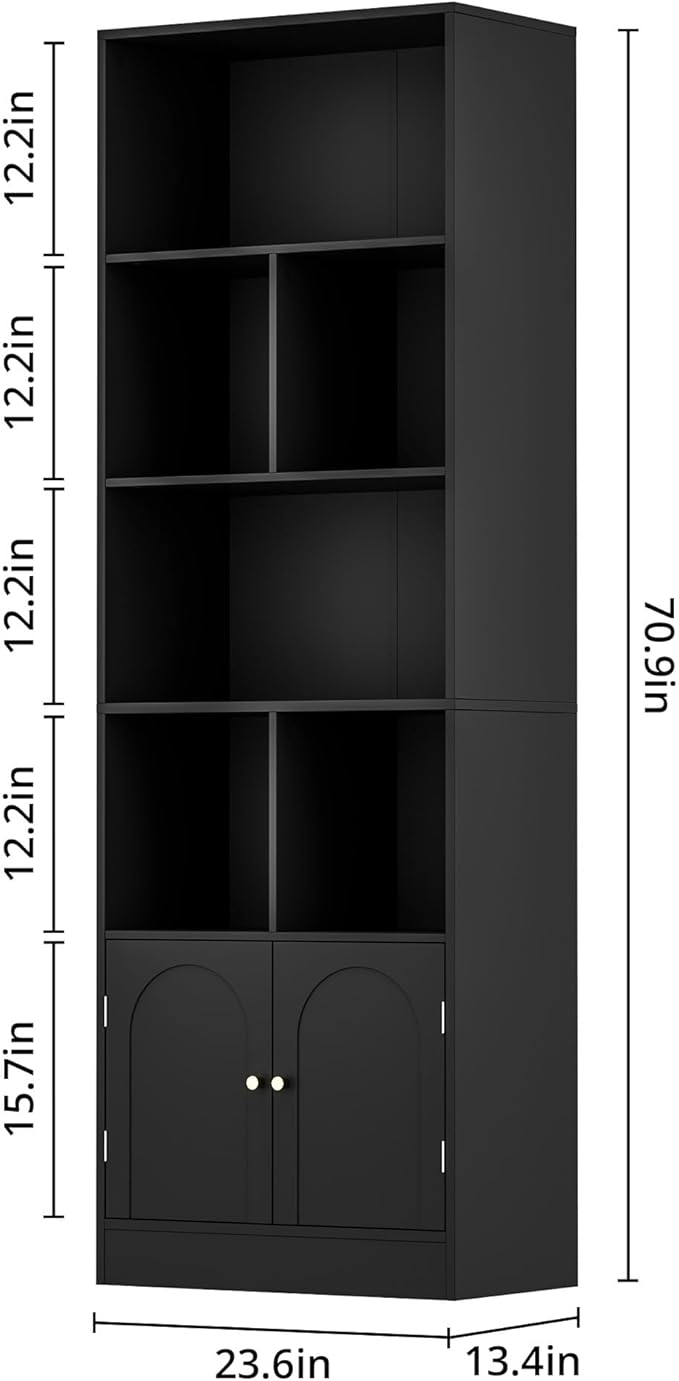 71" Tall Bookshelf with 6 Cubes and 2 Doors, 4-Tier Bookshelf, Open Shelf Bookcase with Cabinet, Modern Cube Storage Organizer for Living Room, and Office, Black