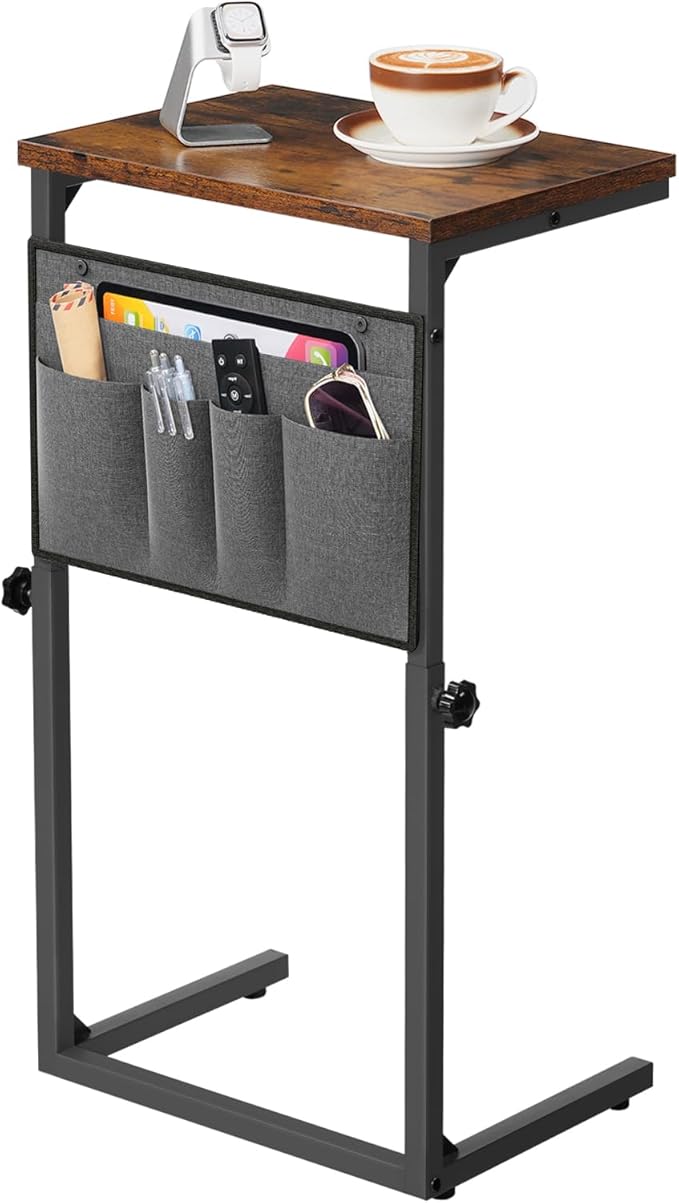 HOOBRO C Shaped End Table, 29.5’’ Adjustable Height Side Table with Storage Pockets, Couch Table Slide Under for Sofa, Small Space, for Living Room, Bedroom, Rustic Brown and Black BF77SF01
