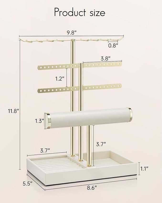 Vlando 3 Tier Jewelry Stand Organizer with Tary, Leather Jewelry Holder Display for Women, Gold Jewlery Holder Display for Necklace, Earring, Bracelet, Rings - Cloud White