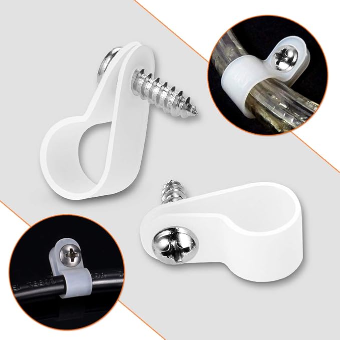 LOKMAN 100 Pack 3/8 Inch Rope Light P-Style Mounting Clips with Compatible Stainless Steel Pan Head Phillips Screws White