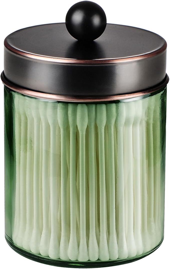 Amolliar Sage Green Apothecary Glass Jar With Metal Lid & Stickers, Bathroom Qtip Holder Storage Canister, Farmhouse Decor for Cotton Balls, Cotton Swabs, Makeup Pads, Bath Salt, Floss,ORB 1 Pack