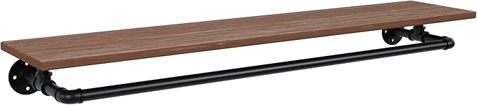 Clothes Rack 48in, Wall Mounted Garment Rack with Real Wood Shelf, Heavy Duty Hanging Clothes Rack, Multi-Purpose Hanging Rod, Space-Saving Closet Storage