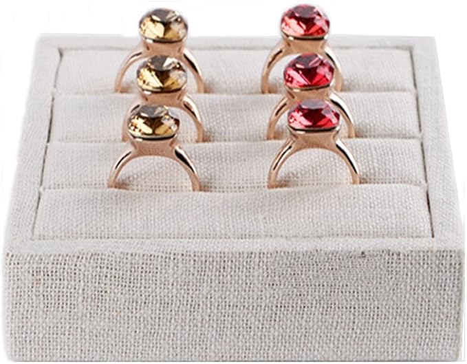 Oirlv linen 3 Slots Ring Earrings Display Trays Showcase Jewelry Organizer (creamy-white,square)