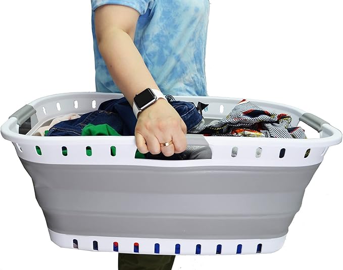 SAMMART 44L Collapsible Plastic Laundry Basket - Foldable Pop Up Storage Container/Organizer - Portable Washing Tub - Space Saving Hamper/Basket (1, White/Grey), Size: 25.4 x 17.3 x 10.2 inches