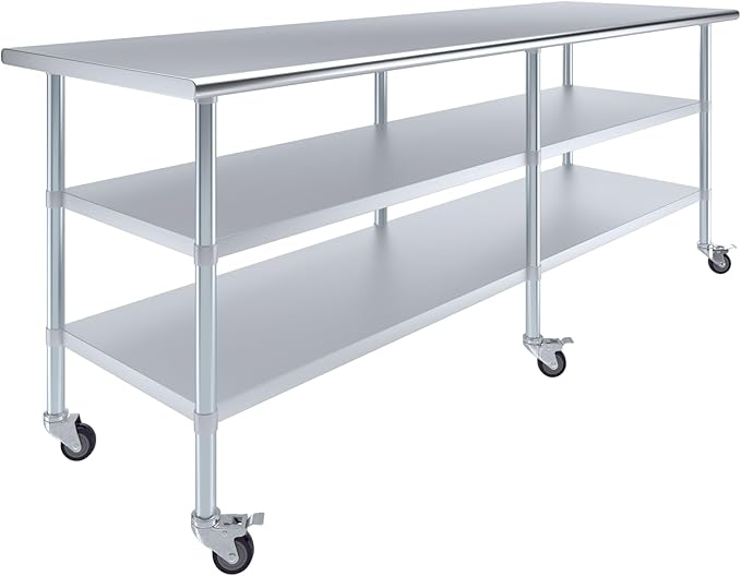 AmGood Stainless Steel Work Table with 2 Shelves and Casters | Metal Utility Table On Wheels (Stainless Steel, 96" Long x 30" Deep)