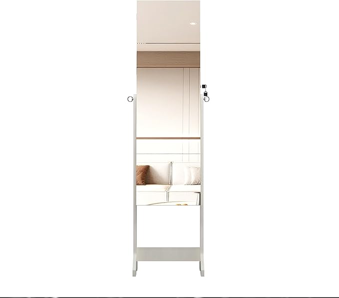 Montary Jewelry Cabinet Armoire with Full Length Mirror with stand, Freestanding Jewelry Armoire Organizer, Lockable Storage Cabinet, Interior Lighted Mirror, White