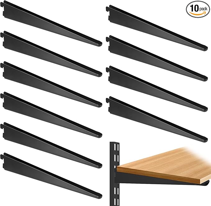 10 Pack 11.5‑Inch Adjustable Wire Shelf Brackets – Heavy‑Duty Double‑Track Closet & Wall Shelving System Supports（Black）