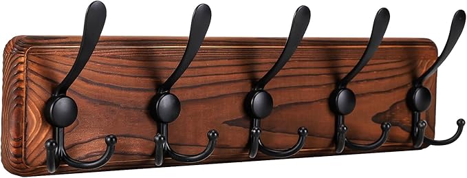 Kruodop Large Coat Rack Wall Mount Coat Hooks Coat Hanger with 5 Metal Black Triple- Hooks Brown Pine Real Wood Plank Hat Rack for Wall Hooks for Hanging Coat Hat Jacket