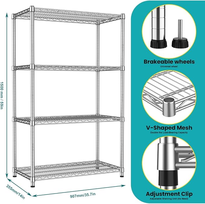 4- Shelf Storage Shelves Metal Shelving Unit Adjustable 4 Tier Wire Shelving Rack Sturdy Steel Heavy-Duty 2200 LBS Organizer for Laundry Bathroom Kitchen Closet Pantry Basement Garage Utility Room