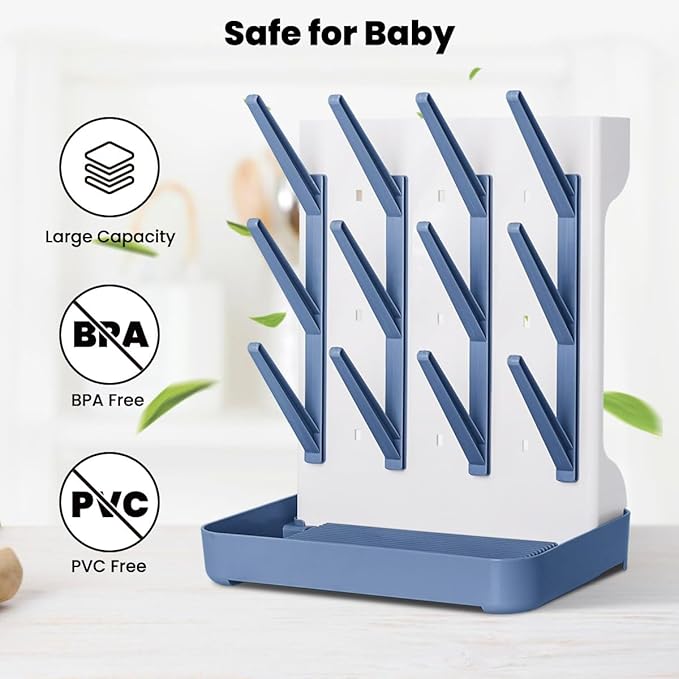 Baby Bottle Drying Rack: Vertical Space Saving Large Bottles Holder - Standing Boon Dryer Rack Baby Accessory - Countertop Holds Up to 12 Bottles & Pump Part Cleaning & Cup (Blue) (Blue)