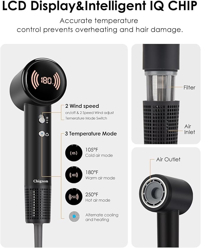 Hair Dryer, 110000 RPM High-Speed Blow Dryer with 300M Negative Ions & Magnetic Diffuser, Fast Drying for 1 Min, No Heat Damage, Lightweight & Low Noise for Curly Hair, Women & Men, Home & Travel